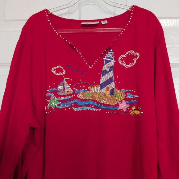 The Quacker Factory Beaded Beach Lighthouse Shirt Womens Size 2X Red Nautical - Picture 2 of 11